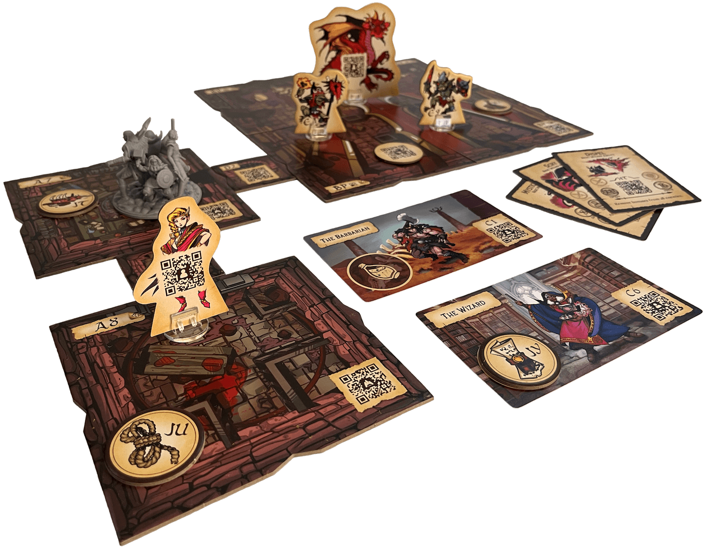 A game of Taelmoor played with tiles, standees, card and a miniature